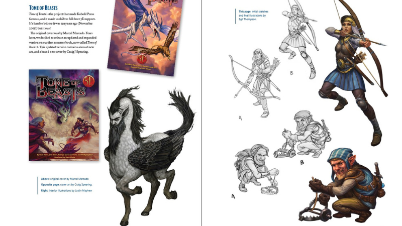 Interior pages from "The Art of Kobold Press" book, featuring concept art and covers from the Tome of Beasts series.