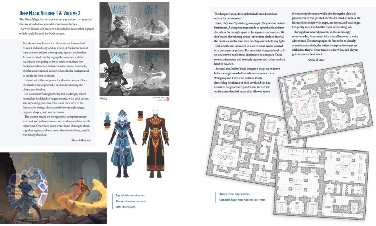 Interior pages from "The Art of Kobold Press" book, featuring concept art for Deep Magic and early designs for a dungeon.
